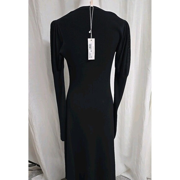 REBECCA TAYLOR Ribbed Knit V-Neck Puff Sleeves Midi Dress Stretch Black Size S - Picture 6 of 13